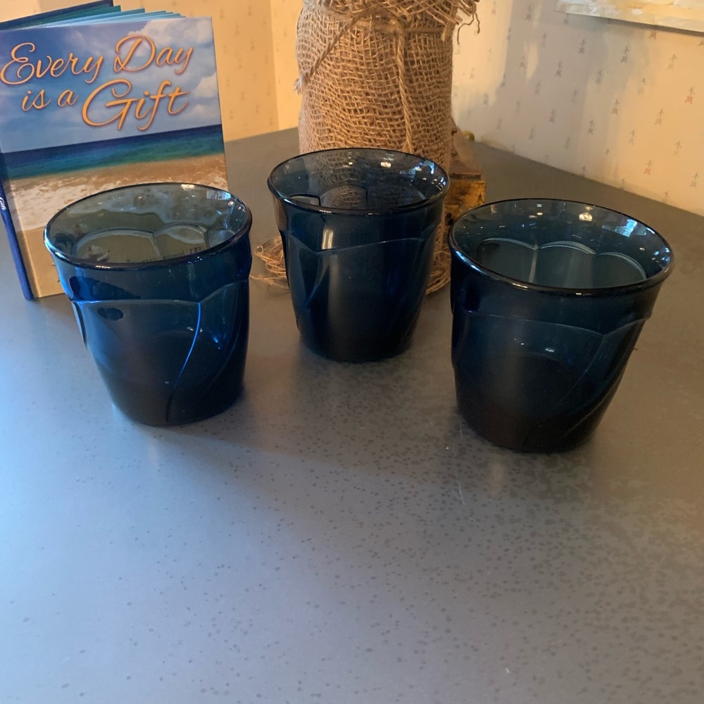 3 NORITAKE, Vintage SWEET SWIRL, midnight, DARK BLUE double old fashion glasses.